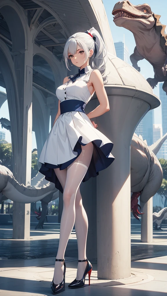 Beautiful Woman, Full Body, Perfect Body, Double Hair Ponytail, Silver Hair, Party Pompadour, Shirt, Dark Blue, White Mini Skirt, Two Bare Arms, Two Bare Arms, White Pantyhose, Red Sole White Heels, Dinosaur Park Background