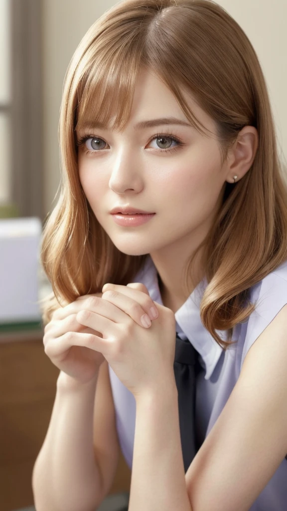(RAW Photos, Highest quality), (Realistic, photo-Realistic:1.3), masterpiece, Very delicate and beautiful, Very detailed, CG, Unity , 2k wallpaper, wonderful, In detail, A light smile, Very detailed CG Unity 8k wallpaper, Large file size, Very detailedな, High resolution, Absurd, Soft Light, (((Medium Hair:1.3), Short bangs, Nova Frog Style)), Beautiful detailed girl, Detailed fingers, Very detailed eyes and face, Beautiful and sophisticated nose, Beautiful details, Long eyelashes, Light on the face, View Audience,((Office Suits:1.5)), One Girl, cute, young, Adult face, (whole body:1.3), Realistic face, Realistic body, Beautiful thigh detail,