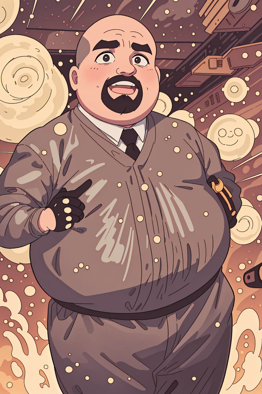 A very fat rotund man, shiny bald head, multiple chins, happy, a brown and gray goatee swirling on his chin, wearing a very taut three-piece-suit, very round body, older man, standing in front of a golden sky