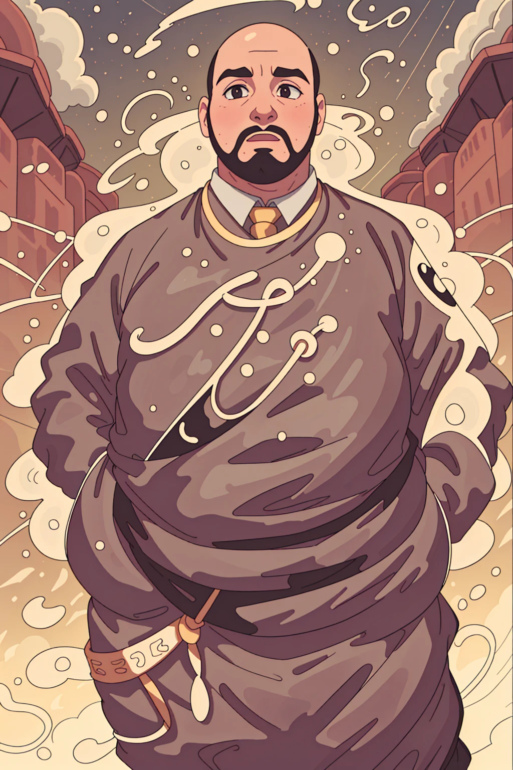 A very fat rotund man, shiny bald head, multiple chins, happy, a brown and gray goatee swirling on his chin, wearing a very taut three-piece-suit, very round body, older man, standing in front of a golden sky