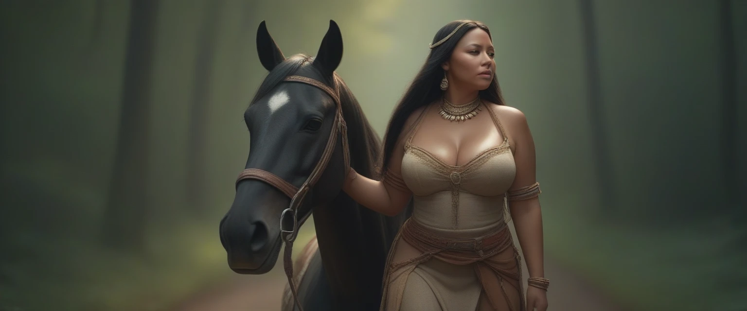 ((masterpiece)), ((best quality)), ((highres)), ((extremely detailed)), ((long shot, back view)), 1 black skinned BBW girl as Pocahontas costume, full body, Beautiful Native American woman, mature woman, Big breast, (super realistic), (peerless beauty), detailed skin texture, detailed cloth texture, beautiful detailed face, intricate details, ultra detailed, indigenes feather jewelry, feather headdress, traditional handmade dress, (((riding on a large Percheron horse))), (((road in the middle of the forest))), ultra realistic, concept art, elegant, ((intricate)), ((highly detailed)), depth of field, ((professionally color graded)), soft ambient lighting, dusk, (Best quality, A high resolution, Photorealistic, primitive, 8K,Masterpiece, ),Best quality, Masterpiec8K.hdr. High ribs:1.2, filmgrain, Blur bokeh:1.10, Lens flare, (vivd colour:1.10), (Delicate),full complete side view of horse and rider (head,hands,feet,hooves)