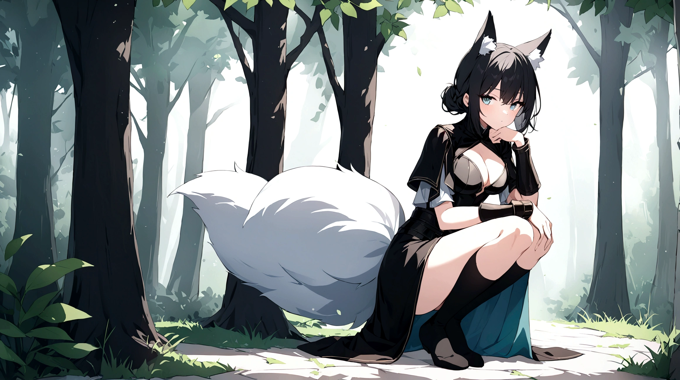 (1girl, Masterpiece, best quality) (detailed and beautiful eyes:1.6) (perfect hands, perfect anatomy) ((full body)) ((more Adult body)) fox-girl Misaki has (short black hair styled in a slightly tousled manner) and (her fox ears are perked up attentively.) ((She wears a black, full adventurer leather armor, coat)) Her outfit includes a leather straps, emphasizing a combination of practicality) and elegance. She has a one black, big **fluffy** fox tail. She has over-to-knee socks. Light filtering through the leaves create a serene yet enigmatic atmosphere. Her standing positon showcases her strength, adultness and readiness for battle. 
