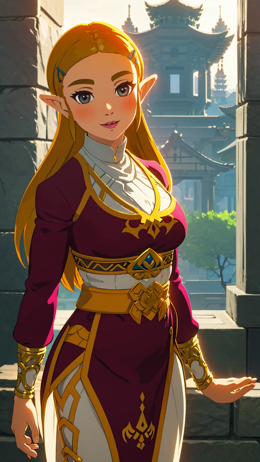 best quality, high resolution, large breasts, blush, smile, cowboy shot, looking at viewer, Zelda, pink lip, in a temple,