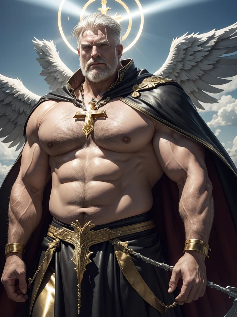 Hyperrealistic image of an old man with branches of thorns stuck in his body and bleeding over 80 years old blonde Nordic warrior holy martyr archangel superhero with rays of light coming out of his body and with two huge black wings spread with gray hair and a light halo with rays of light on his super heavy head and a very fat and very handsome bodybuilder with huge, flabby pecs and very sweaty big pointy nipples in a sky of very white clouds dressed only in a leather and gold Roman skirt and a cape and a large gold cross and jewels on the chest