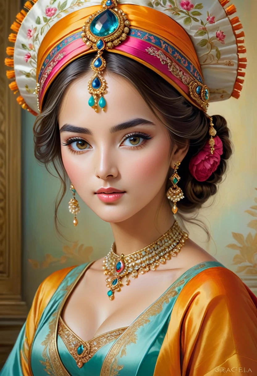 A stunning portrait of a young Eastern woman, gracefully captured by the talented artist Grace Paola Salome. The woman exhibits a style reminiscent of Élisabeth-Louise Vigée Le Brun's work. She is adorned in traditional Eastern garments, with a vibrant silk headpiece and intricate jewelry. Her serene expression and gentle gaze exude confidence and elegance, reflecting the artist's skillful touch.