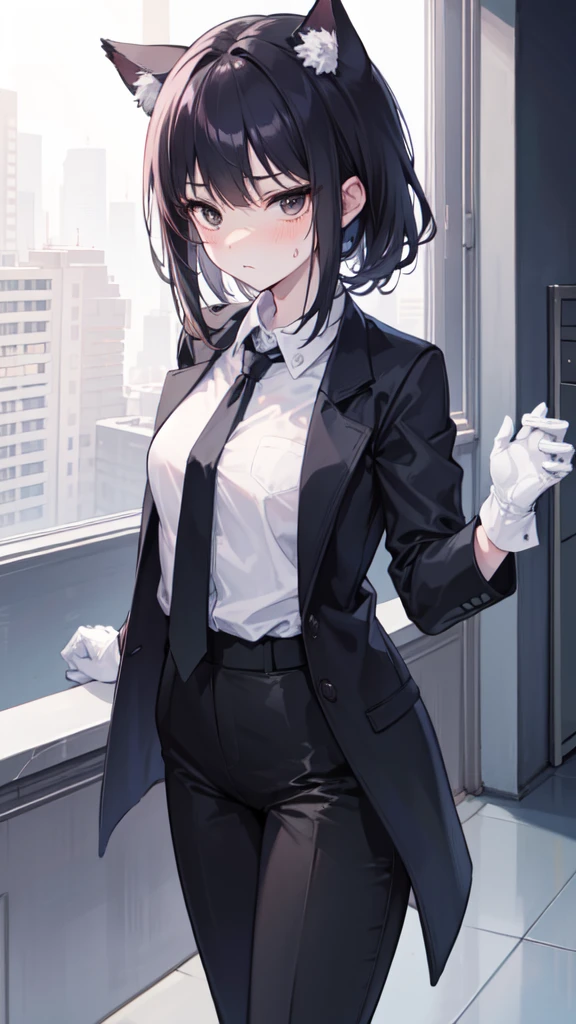 18-year-old Shota,cute,Wear a white long-sleeved shirt and a black work tie,Wear black pants,Wear black booties,Wear white gloves,wear cat ear,Black hair,Black eyes,blush,sweat,Fear,Looks very bottom,uncomfortable,porn