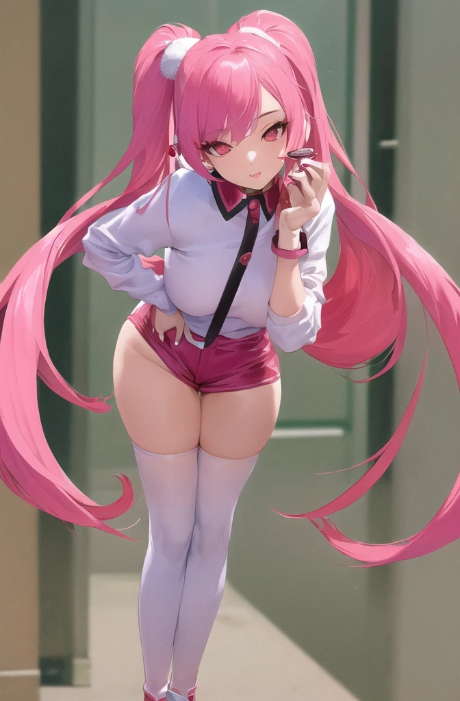 ((masterpiece)), (best quality), (detailed), 1girl,
looking at viewer,  (lipstick:0.75), leaning forward,
long pink hair, twintails,
colorful thighighs,
winter, vivid colors,
 