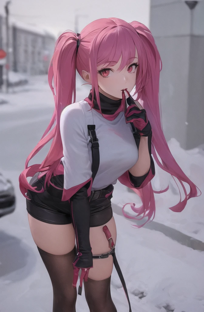((masterpiece)), (best quality), (detailed), 1girl,
looking at viewer,  (lipstick:0.75), leaning forward,
long pink hair, twintails,
colorful thighighs,
winter, vivid colors,
 