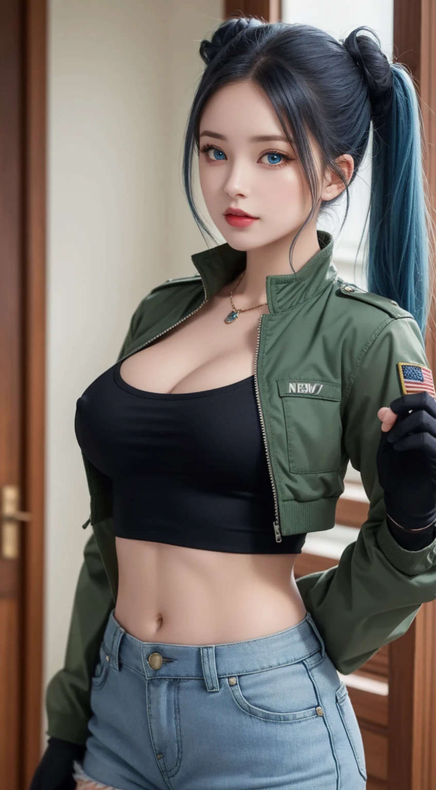 tmasterpiece,, Best quality at best, A high resolution, Leah Halton, Blue hair, eBlue eyes, pony tails, green shorts, cleavage，hason, Crop top, Black gloves, nedium breasts, army suit, Green jacket, 耳Nipple Ring, jewelry, nabel, musculature, cow boy shot，