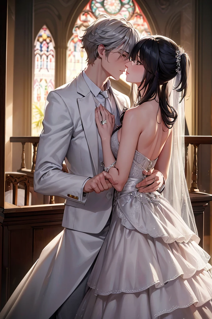 masterpiece, Best quality, masterpiece, Best quality, masterpiece, Best quality, masterpiece, Best quality, high quality, High detail, Ultra detail, HD, 4k, 4280x2240, depth field, (HDR:1.9), Correct anatomy, a masculine boy with short hair black hair abundant brown eyes with full wedding suit from groom to gentleman's suit and Palto flu pants and a girl with very long hair messy hair curly hair wavy hair (((silver hair))) high ponytail with yellow eyes in wedding dress, Dream wedding dress. love. Hand in hand looking at the New Year's sunset sunrise while kissing at church wedding with wedding rings on boy finger and wedding rings on girl finger and smiles, detail, ultra-detail, correct_position, correct_texture, correct_colors, correct_shading, correct_cgi, correct_body, correct_anatomy, correct_proportion, (correct_complete_body)