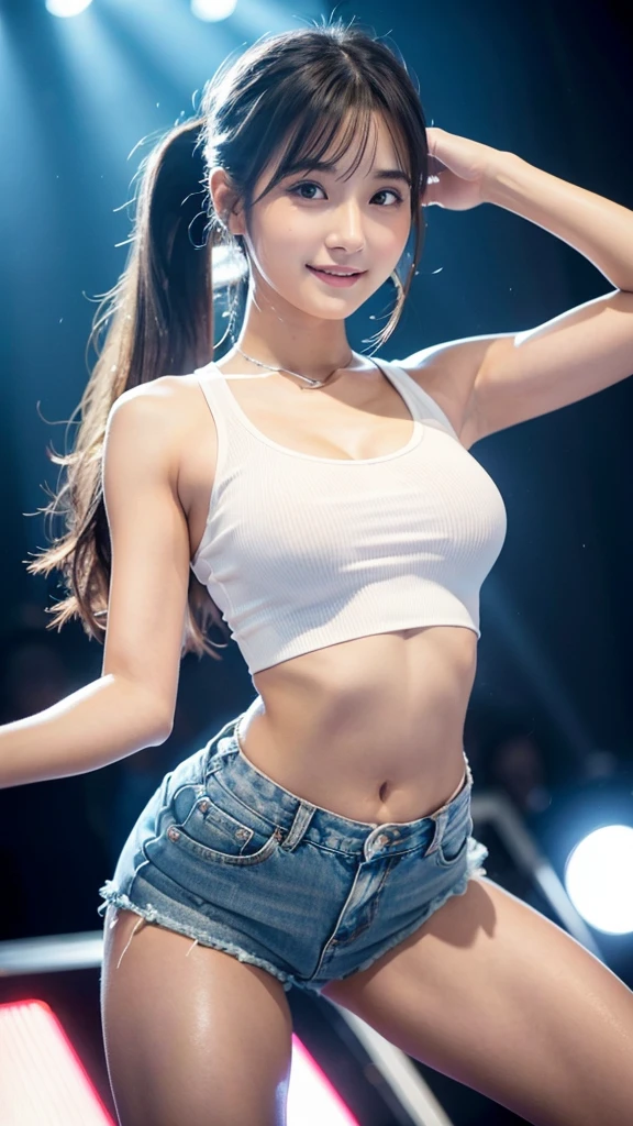 High resolution、High resolution、Shoulder-length hair、Ponytail Hairstyles、Big eyes、Watery eyes、White skin、Shiny Hair、Glowing Skin、extremely short tank top、Short denim pants、A scene showing a dance on stage、D cup breasts、Firm breasts、Beautiful waistline、Beautifully shaped breasts、Beautiful hip line、Beautiful leg lines、smile、boost mood、20-year-old women、Sexy Woman、The real picture、AI Beauty、Looks like Haruka Ayase