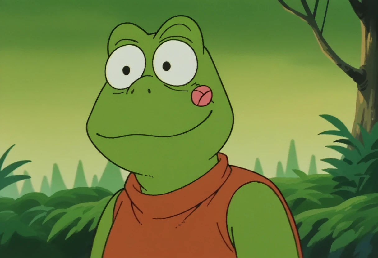 anime screencap,drgbls1, solo,anthro frog, male,score_9, score_8_up, score_7_up, score_6_up. smile, upper body,swamp, Kermit1024,  "Kermit", a muppet frog