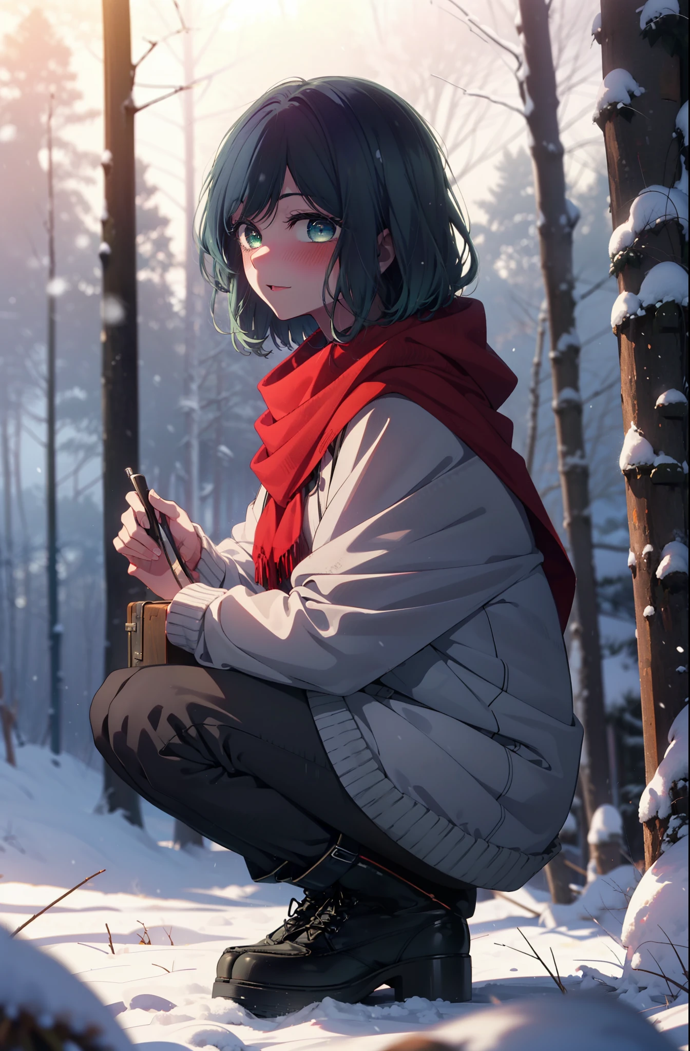 akanekurokawa, akane kurokawa, bangs, (Green Eyes:1.3), Blue Hair, Medium Hair, dark Blue Hair,smile,blush,White Breath,
Open your mouth,snow,Ground bonfire, Outdoor, boots, snowing, From the side, wood, suitcase, Cape, Blurred, , forest, White handbag, nature,  Squat, Mouth closed, Cape, winter, Written boundary depth, Black shoes, red Cape break looking at viewer, Upper Body, whole body, break Outdoor, forest, nature, break (masterpiece:1.2), Highest quality, High resolution, unity 8k wallpaper, (shape:0.8), (Beautiful and beautiful eyes:1.6), Highly detailed face, Perfect lighting, Extremely detailed CG, (Perfect hands, Perfect Anatomy),