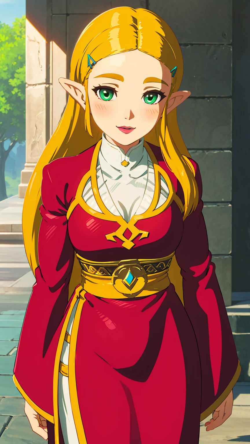 best quality, high resolution, large breasts, blush, smile, cowboy shot, looking at viewer, Zelda, pink lip, in a temple, Green eyes,