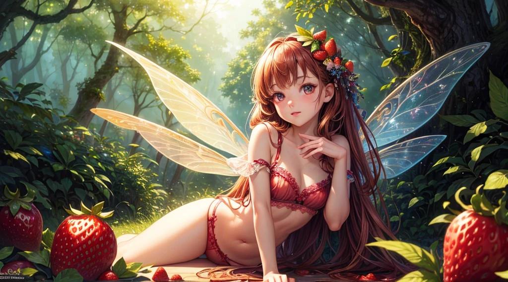 ( Absurd, High quality, ultra-detailed, masterpiece, concept art, smooth, highly detailed artwork, hyper-realistic painting ) , tiny , strawberry girl, Strawberries, cute, whole body, Romantic, Vivid, dreamy, fantasy, fairy wings, in the forest, enchanting glow, very detailed art, reveal clothes,  lace , playful, mischievous