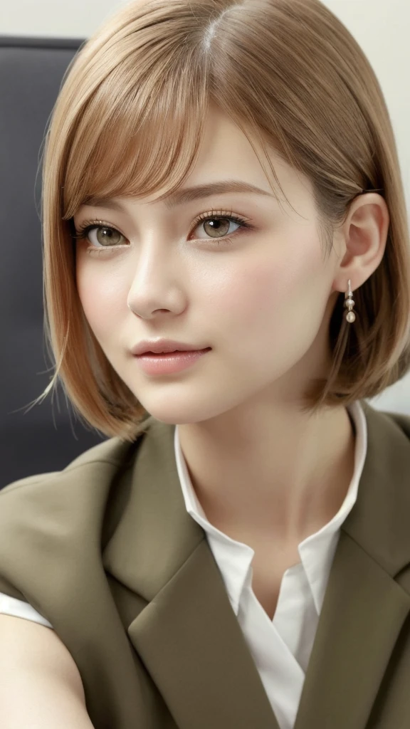(RAW Photos, Highest quality), (Realistic, photo-Realistic:1.3), masterpiece, Very delicate and beautiful, Very detailed, CG, Unity , 2k wallpaper, wonderful, In detail, A light smile, Very detailed CG Unity 8k wallpaper, Large file size, Very detailedな, High resolution, Absurd, Soft Light, (((Medium Hair:1.3), Short bangs, Nova Frog Style)), Beautiful detailed girl, Detailed fingers, Very detailed eyes and face, Beautiful and sophisticated nose, Beautiful details, Long eyelashes, Light on the face, View Audience,((Office Suits:1.5)), One Girl, cute, young, Adult face, (whole body:1.3), Realistic face, Realistic body,