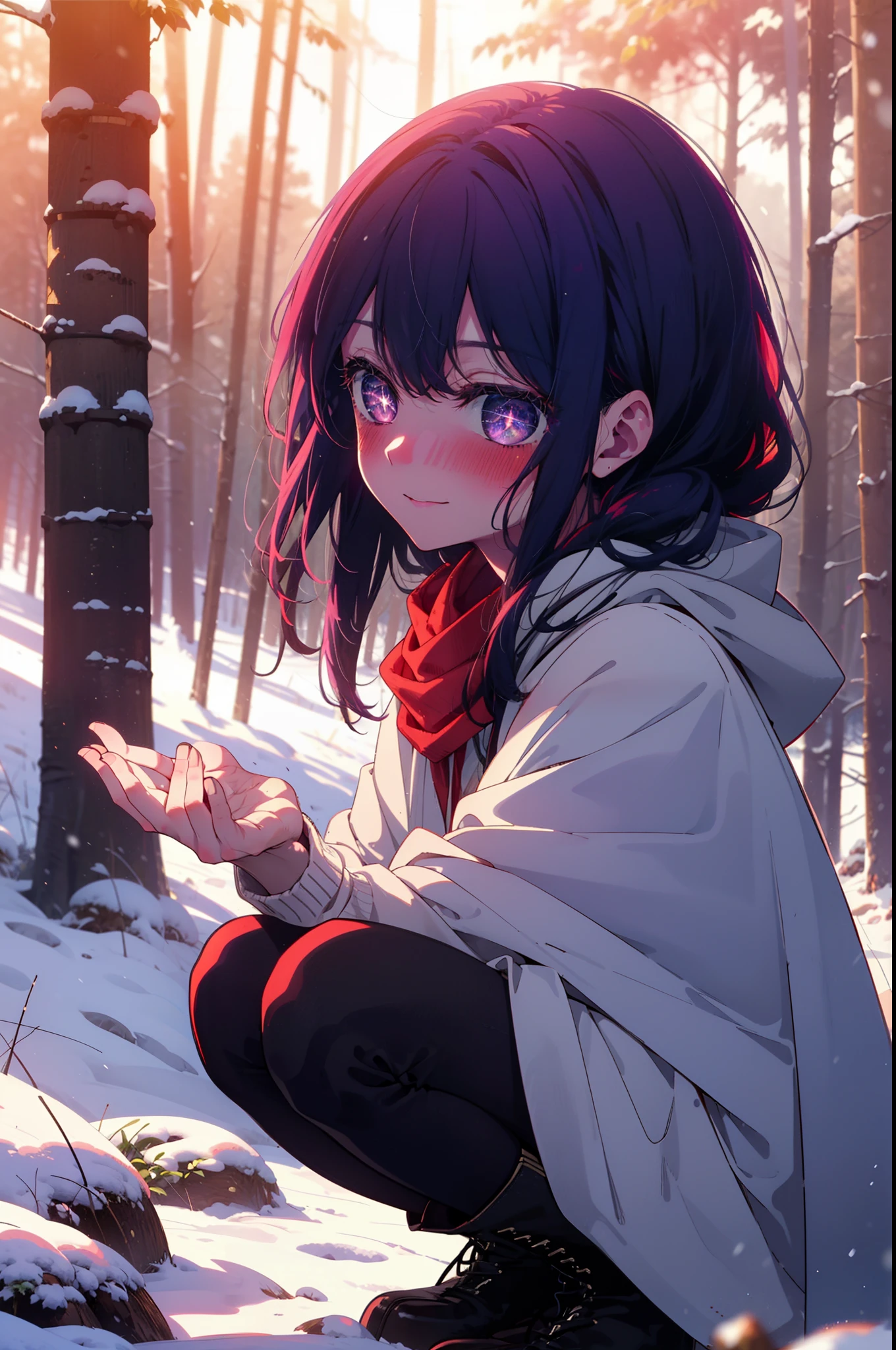 aihoshino, Ai Hoshino, Long Hair, bangs, (Purple eyes:1.1), Purple Hair, (Symbol-shaped pupil:1.5), smile,,smile,blush,White Breath,
Open your mouth,snow,Ground bonfire, Outdoor, boots, snowing, From the side, wood, suitcase, Cape, Blurred, , forest, White handbag, nature,  Squat, Mouth closed, Cape, winter, Written boundary depth, Black shoes, red Cape break looking at viewer, Upper Body, whole body, break Outdoor, forest, nature, break (masterpiece:1.2), Highest quality, High resolution, unity 8k wallpaper, (shape:0.8), (Beautiful and beautiful eyes:1.6), Highly detailed face, Perfect lighting, Extremely detailed CG, (Perfect hands, Perfect Anatomy),