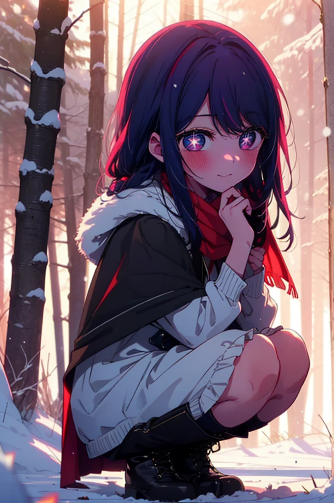 aihoshino, Ai Hoshino, Long Hair, bangs, (Purple eyes:1.1), Purple Hair, (Symbol-shaped pupil:1.5), smile,,smile,blush,White Breath,
Open your mouth,snow,Ground bonfire, Outdoor, boots, snowing, From the side, wood, suitcase, Cape, Blurred, , forest, White handbag, nature,  Squat, Mouth closed, Cape, winter, Written boundary depth, Black shoes, red Cape break looking at viewer, Upper Body, whole body, break Outdoor, forest, nature, break (masterpiece:1.2), Highest quality, High resolution, unity 8k wallpaper, (shape:0.8), (Beautiful and beautiful eyes:1.6), Highly detailed face, Perfect lighting, Extremely detailed CG, (Perfect hands, Perfect Anatomy),