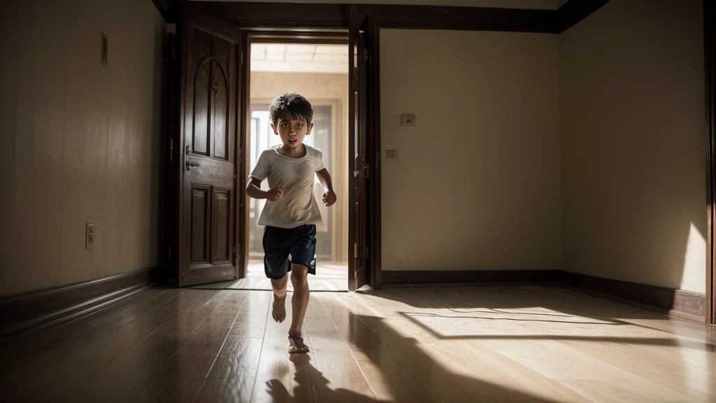 Create an image of a , about 10 years old, from ancient Babylon, running to hide in a room, with an expression of despair.
Let it be an image in great quality, high definition, 8k, without defect in the hands.
