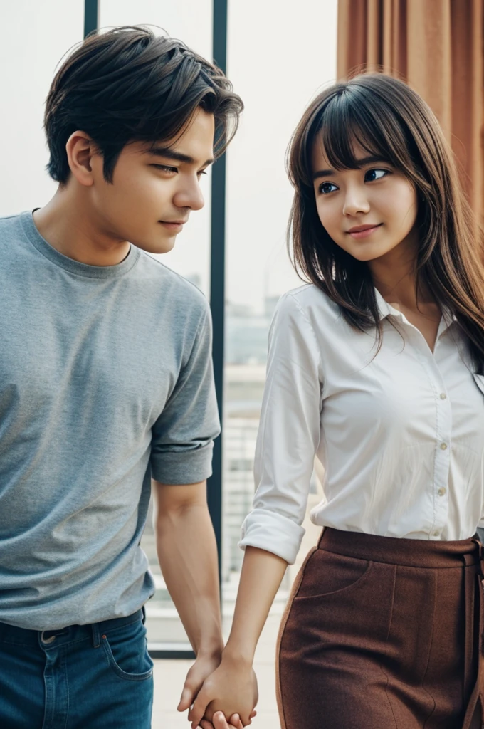 A man and a woman holding hands, make the photo anime mode