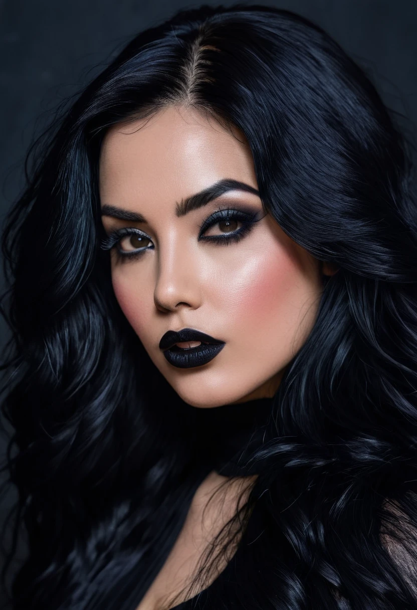 a closeup of a woman with long black hair and a black top, a portrait inspired by Jessie Alexandra Dick, reddit, conceptual art, dark hair and makeup, raven black hair, dark black hair, dark lipstick, long black hair, long wavy black fur, dark hair, dark hair, Jet black hair, dark hair