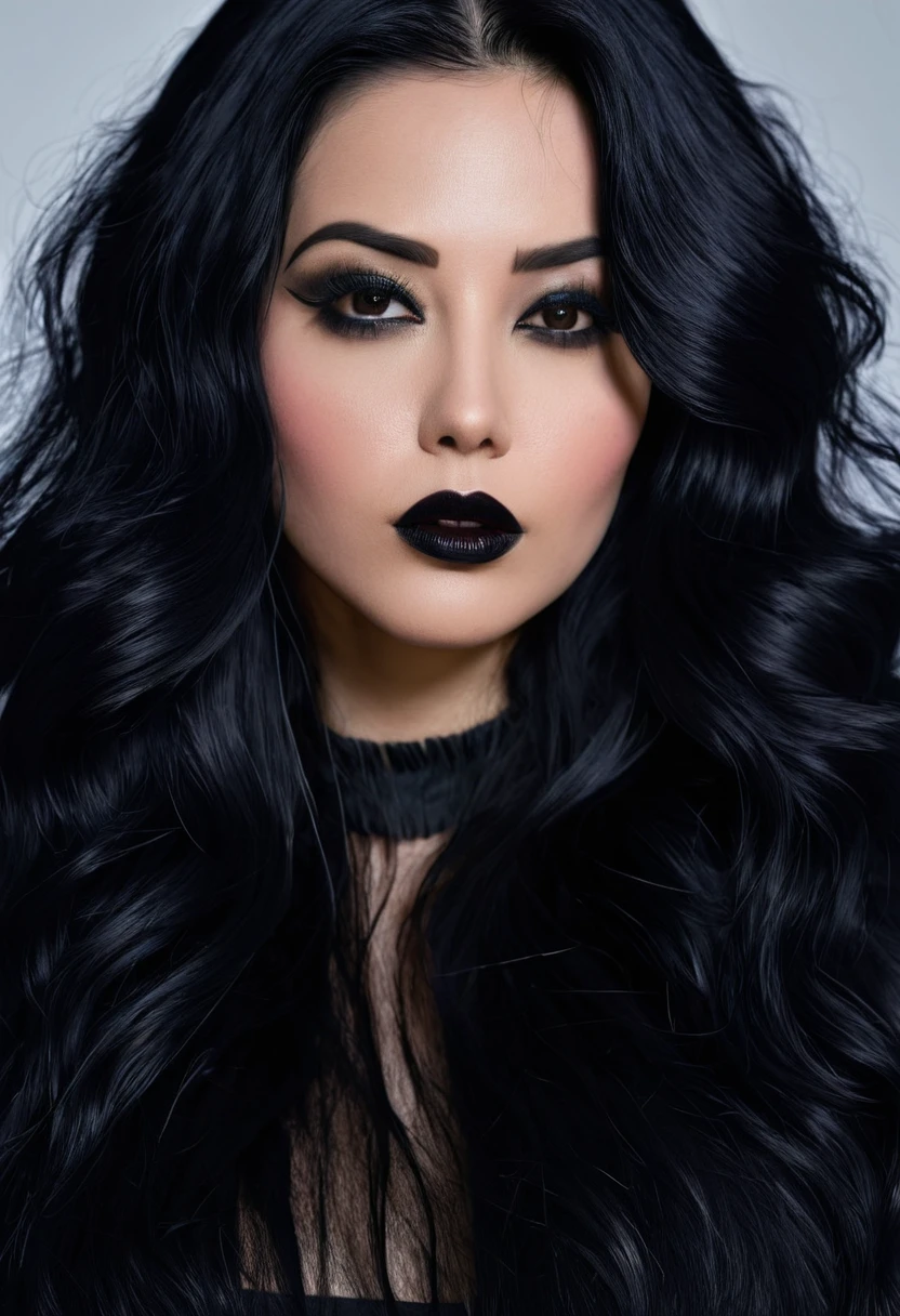 a closeup of a woman with long black hair and a black top, a portrait inspired by Jessie Alexandra Dick, reddit, conceptual art, dark hair and makeup, raven black hair, dark black hair, dark lipstick, long black hair, long wavy black fur, dark hair, dark hair, Jet black hair, dark hair