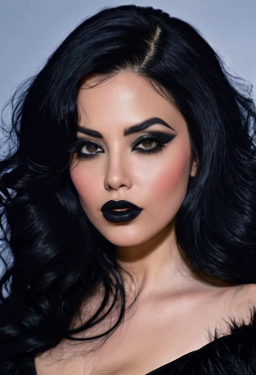 a closeup of a woman with long black hair and a black top, a portrait inspired by Jessie Alexandra Dick, reddit, conceptual art, dark hair and makeup, raven black hair, dark black hair, dark lipstick, long black hair, long wavy black fur, dark hair, dark hair, Jet black hair, dark hair