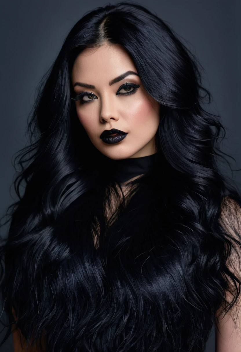 a closeup of a woman with long black hair and a black top, a portrait inspired by Jessie Alexandra Dick, reddit, conceptual art, dark hair and makeup, raven black hair, dark black hair, dark lipstick, long black hair, long wavy black fur, dark hair, dark hair, Jet black hair, dark hair