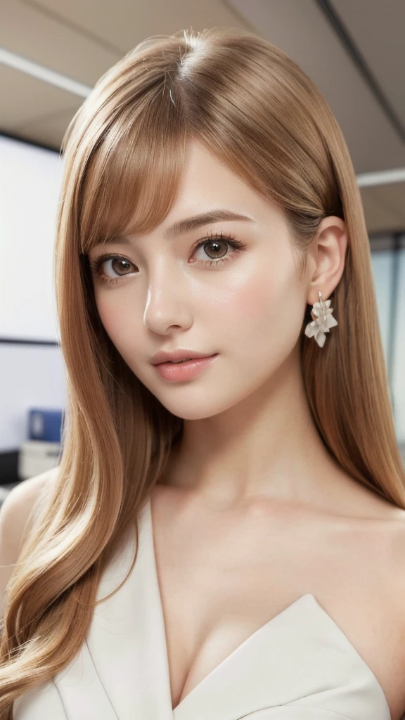 (RAW Photos, Highest quality), (Realistic, photo-Realistic:1.3), masterpiece, Very delicate and beautiful, Very detailed, CG, Unity , 2k wallpaper, wonderful, In detail, A light smile, Very detailed CG Unity 8k wallpaper, Large file size, Very detailedな, High resolution, Absurd, Soft Light, (((Medium Hair:1.3), Short bangs, Nova Frog Style)), Beautiful detailed girl, Detailed fingers, Very detailed eyes and face, Beautiful and sophisticated nose, Beautiful details, Long eyelashes, Light on the face, View Audience,((Office Suits:1.5)), One Girl, cute, young, Adult face, (whole body:1.3),  Realistic face, Realistic body, 