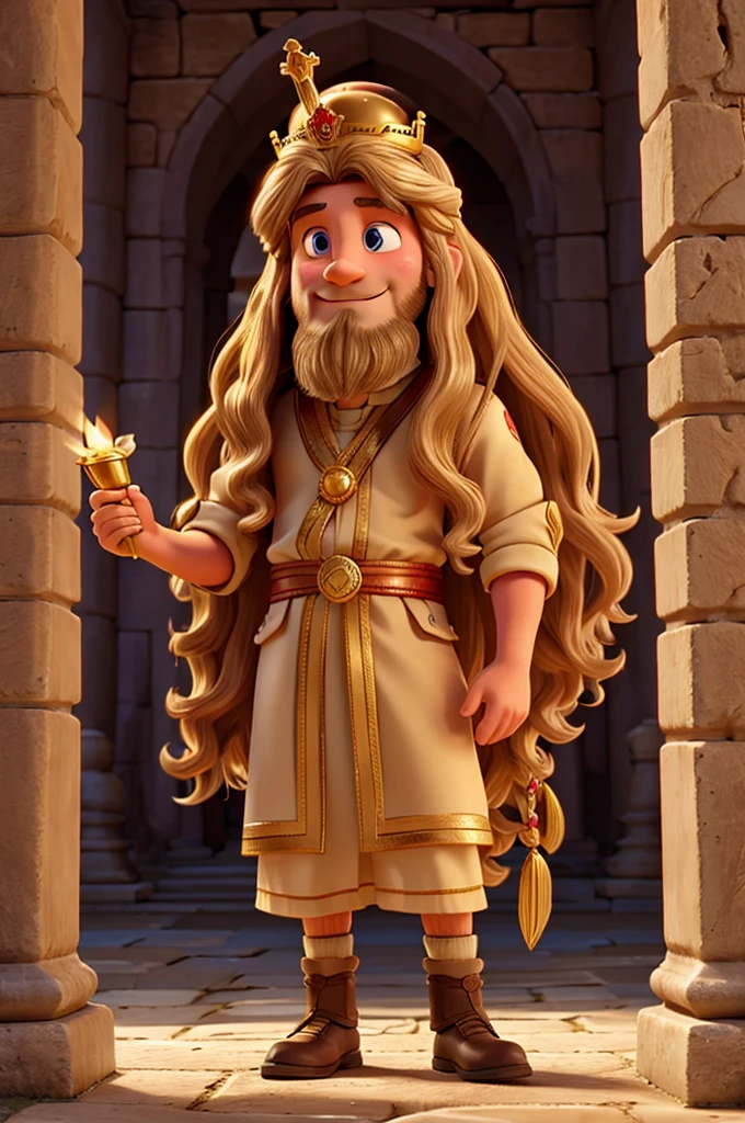 Long-haired man with a golden crown in an ancient city surrounded by children