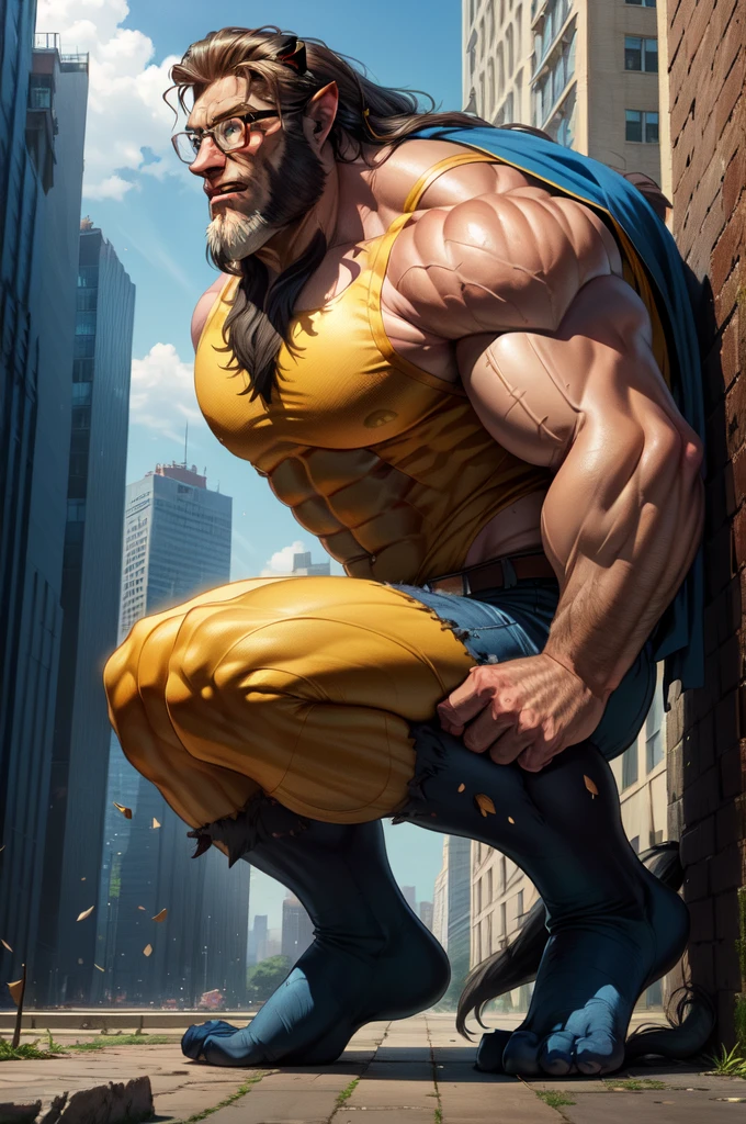 A realistic image of the X-Men beast, super muscular giant, with muscular arms, broad shoulders, giant toned physique, big muscle veins bursting, blue skin, blue super hairy, blue eyes, wearing glasses, with lion-like feature, wearing the yellow and black uniform, with bare feet, lifting a building that is falling, in the center of a city like a giant bigger than the buildings seen from different angles