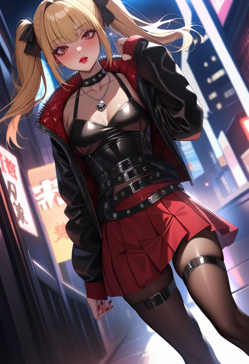 masterpiece, best quality, ultra high res, ultra-detailed, outside a parking, night, beautiful night city landscape, 1 girl, slut, emma, blonde hair, green eyes, red lipstick, red eyeliner, dark brown skin, hairy pubic hair, gigantic tits, giant cleavage, soggy, (open leather black jacket, no bra, red straight mini skirt, black fishnet tights, black boots: 1.5), white high heels, horny, sexy, oily body, (emma is seating on a sport car spreading her legs wide open and her squirting pussy exposed while groping her breast and while having a very horny face and moaning with open mouth and her slutty tongue out dripping saliva: 1.6)
