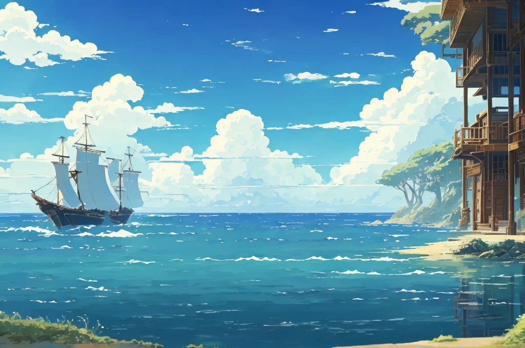 DVD screengrab from studio ghibli movie, beautiful seaside laboratory interior, clouds on blue sky, designed by Hayao Miyazaki, retro anime