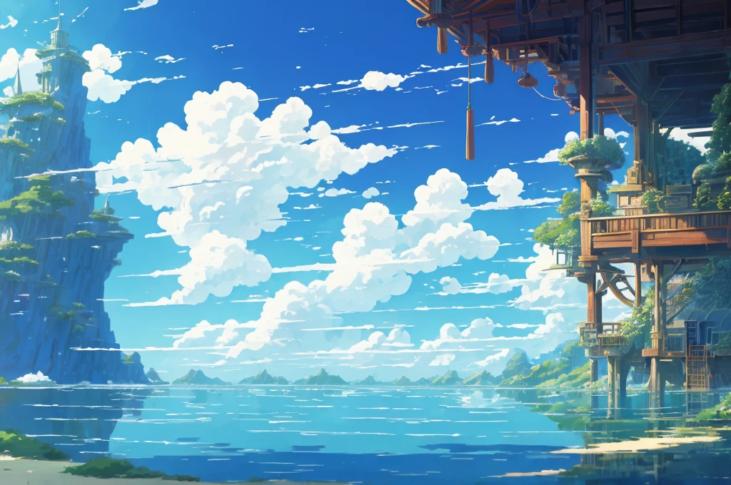 DVD screengrab from studio ghibli movie, beautiful seaside laboratory interior, clouds on blue sky, designed by Hayao Miyazaki, retro anime