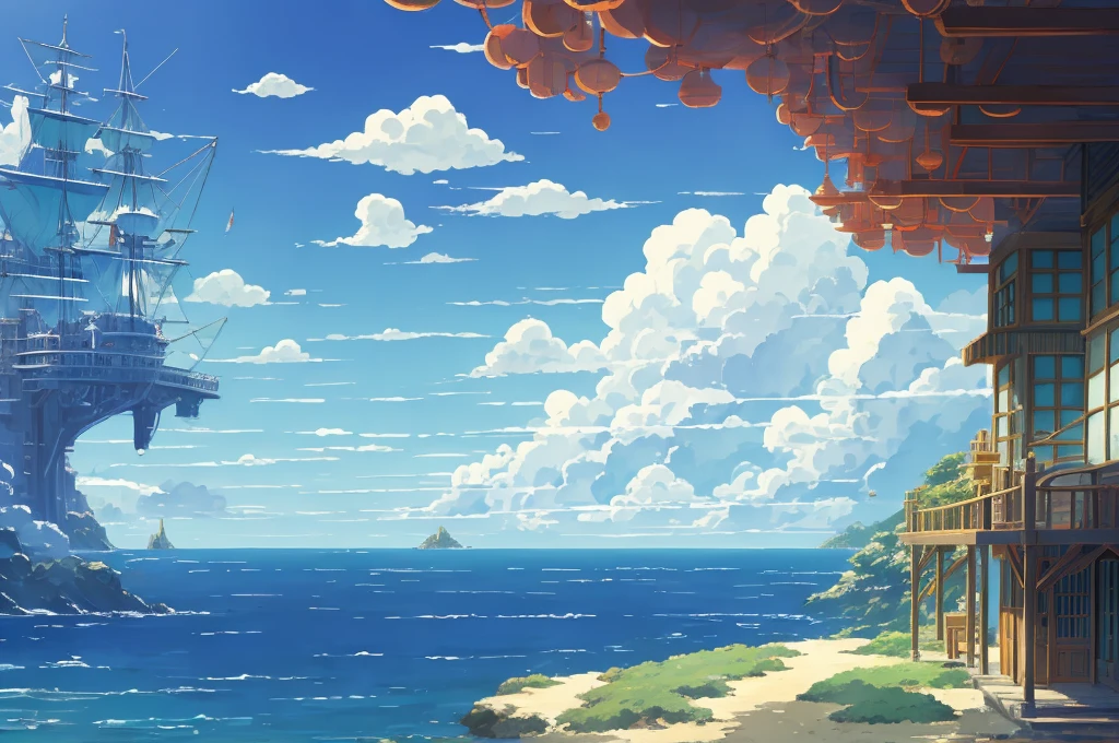 DVD screengrab from studio ghibli movie, beautiful seaside laboratory interior, clouds on blue sky, designed by Hayao Miyazaki, retro anime