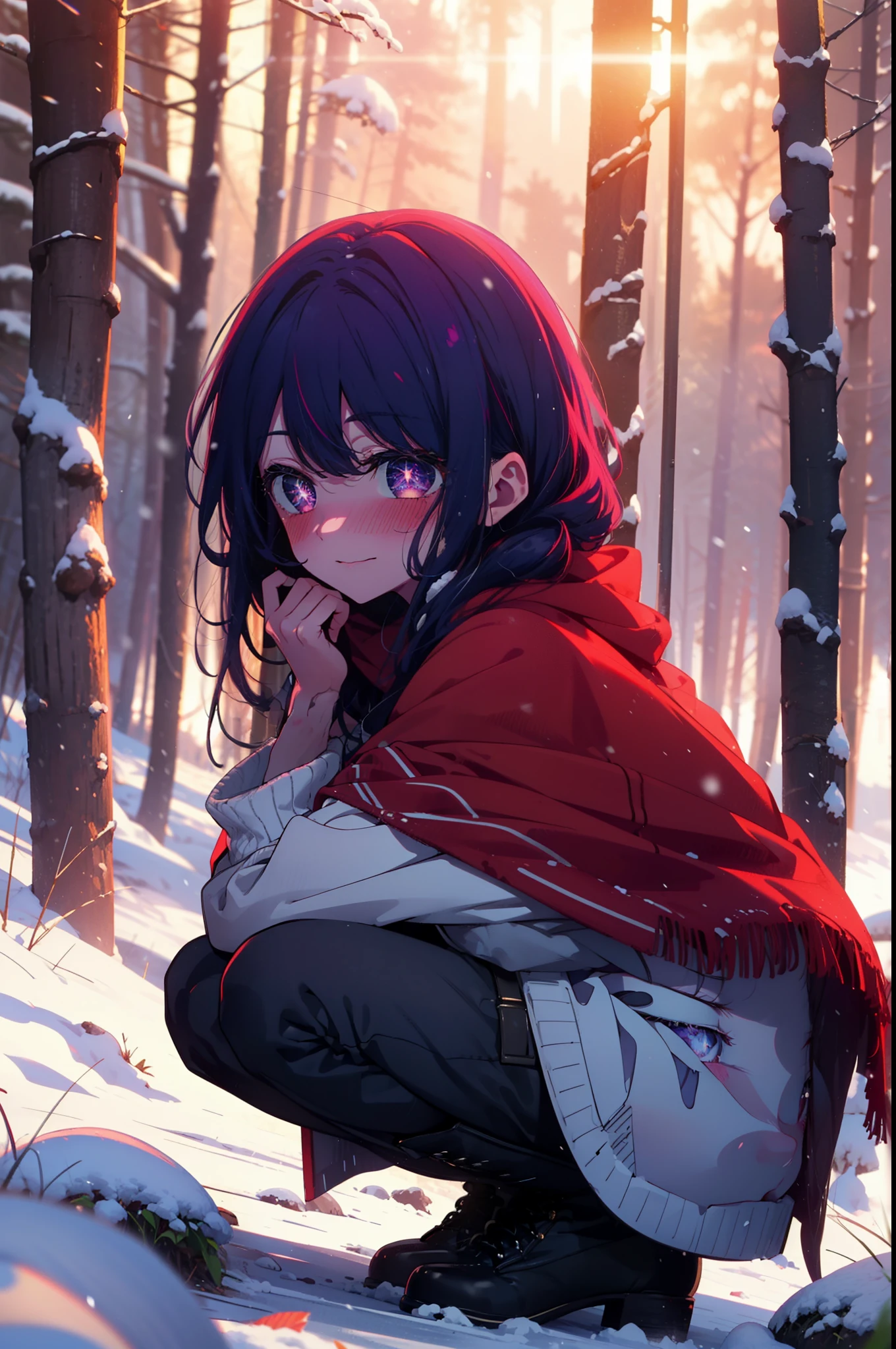 aihoshino, Ai Hoshino, Long Hair, bangs, (Purple eyes:1.1), Purple Hair, (Symbol-shaped pupil:1.5), smile,,smile,blush,White Breath,
Open your mouth,snow,Ground bonfire, Outdoor, boots, snowing, From the side, wood, suitcase, Cape, Blurred, , forest, White handbag, nature, Squat, Mouth closed, Cape, winter, Written boundary depth, Black shoes, red Cape break looking at viewer, Upper Body, whole body, break Outdoor, forest, nature, break (masterpiece:1.2), Highest quality, High resolution, unity 8k wallpaper, (shape:0.8), (Beautiful and beautiful eyes:1.6), Highly detailed face, Perfect lighting, Extremely detailed CG, (Perfect hands, Perfect Anatomy),
