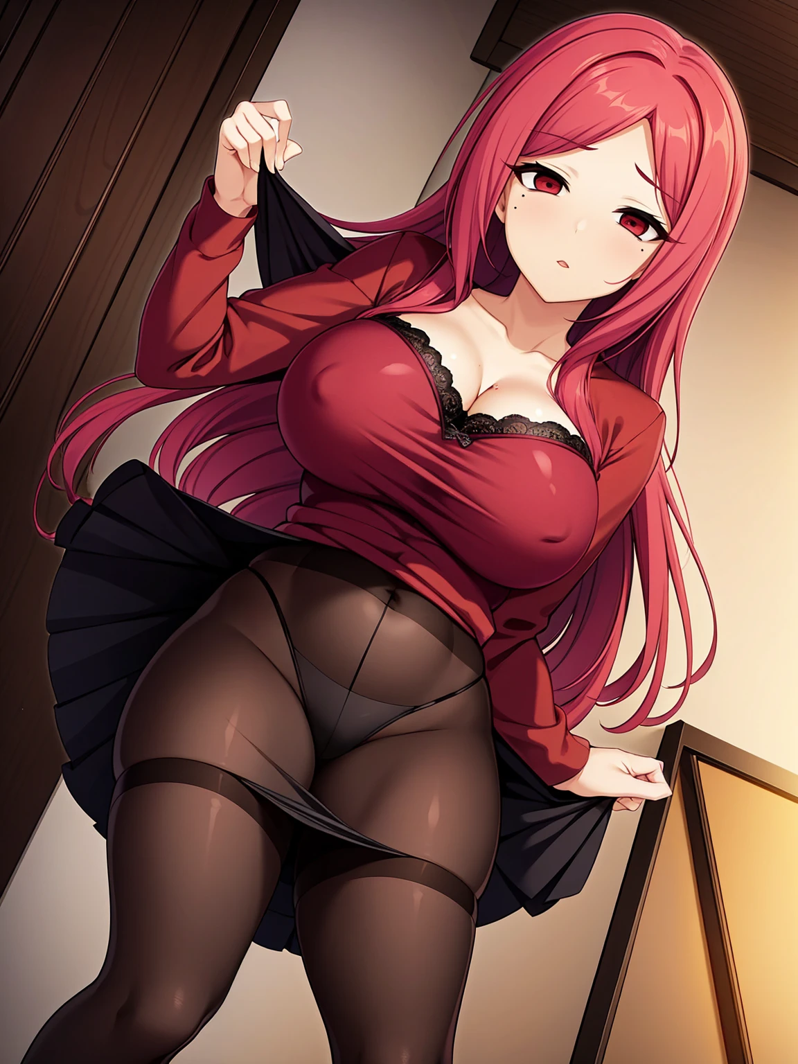 pink-hair red-hair,red-eyes,milf,Droopy eyes.chin mole、big-breast,35-year-old woman、milf、Red ruffled shirt、Black ruffled skirt、、long-hair,straight-hair,standing、red-lips-makeup,、whole body、Plump legs,独奏,Knitted clothing、lace-black-pantyhose,standing,from-below-shot,standing
