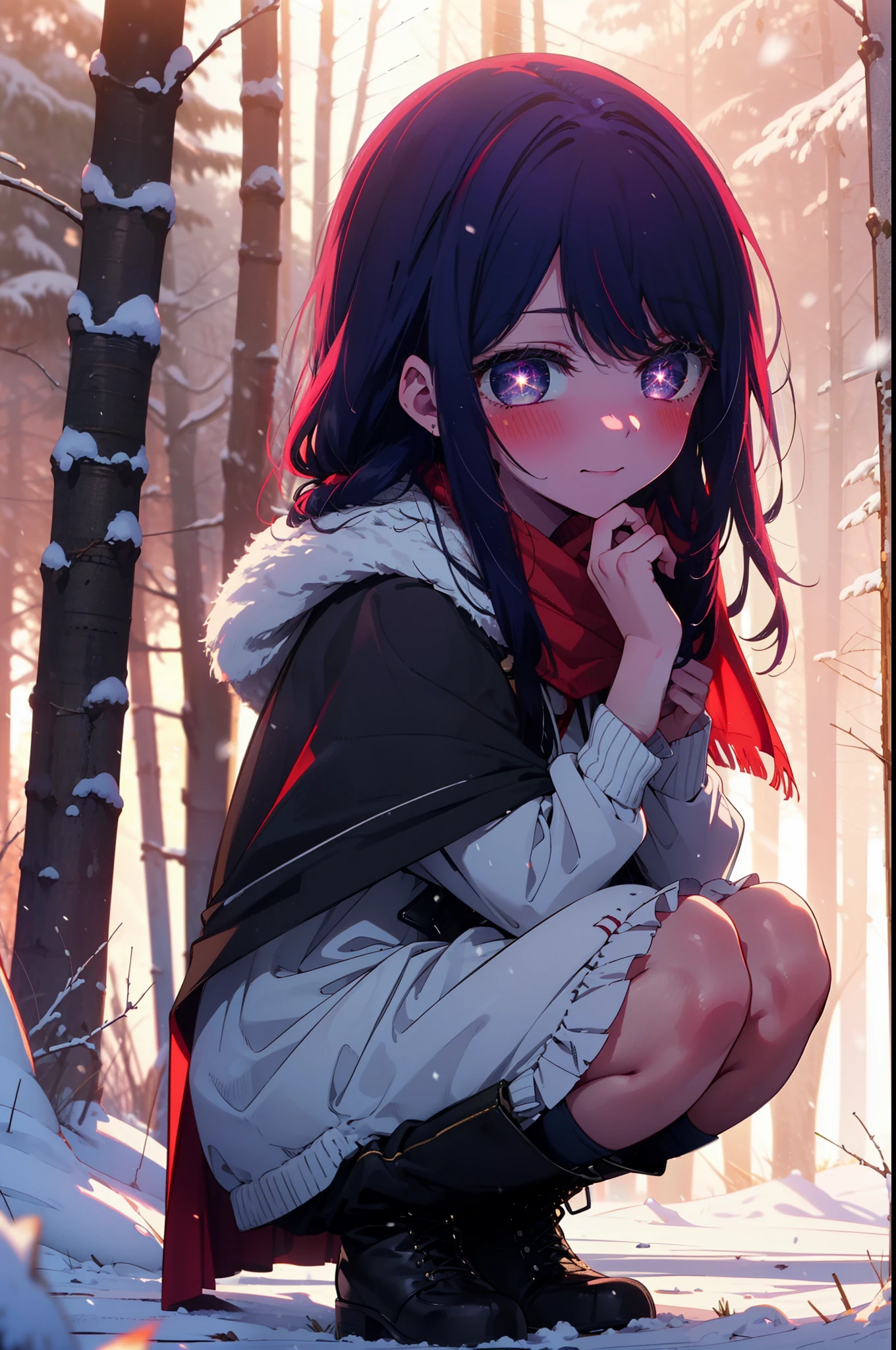 aihoshino, Ai Hoshino, Long Hair, bangs, (Purple eyes:1.1), Purple Hair, (Symbol-shaped pupil:1.5), smile,,smile,blush,White Breath,
Open your mouth,snow,Ground bonfire, Outdoor, boots, snowing, From the side, wood, suitcase, Cape, Blurred, , forest, White handbag, nature,  Squat, Mouth closed, Cape, winter, Written boundary depth, Black shoes, red Cape break looking at viewer, Upper Body, whole body, break Outdoor, forest, nature, break (masterpiece:1.2), Highest quality, High resolution, unity 8k wallpaper, (shape:0.8), (Beautiful and beautiful eyes:1.6), Highly detailed face, Perfect lighting, Extremely detailed CG, (Perfect hands, Perfect Anatomy),