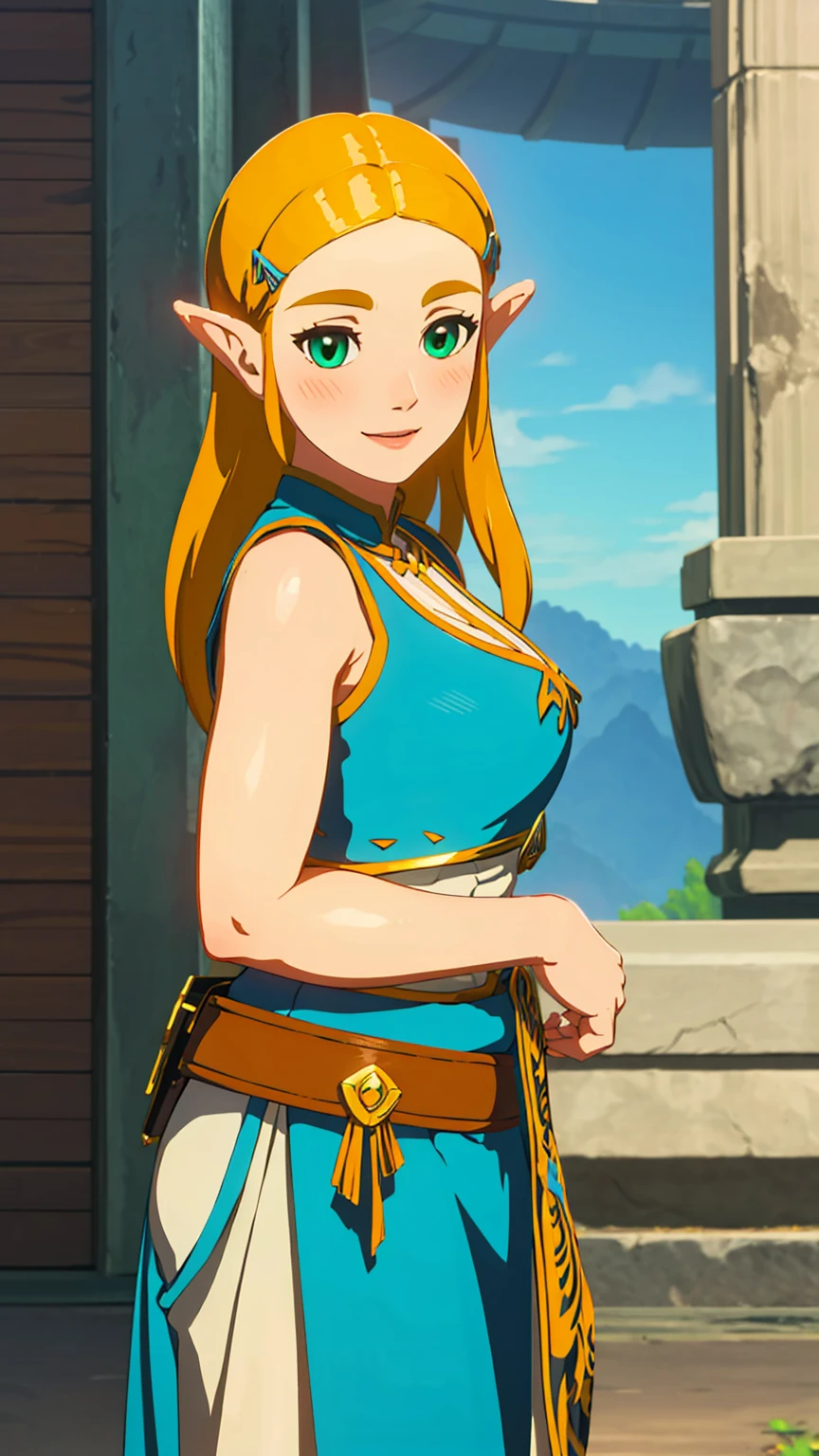 best quality, high resolution, large breasts, blush, smile, cowboy shot, looking at viewer, Zelda, in a temple, Green eyes,