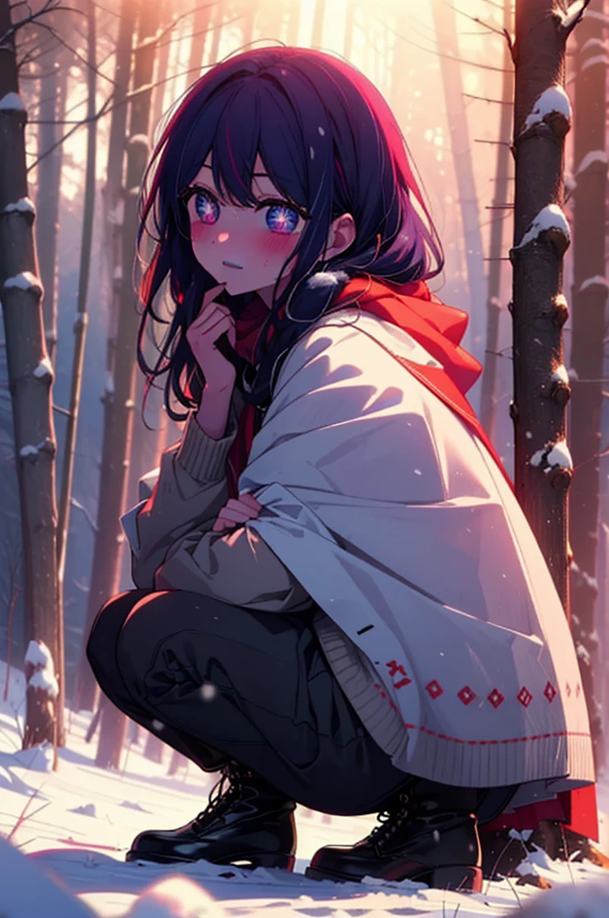 aihoshino, Ai Hoshino, Long Hair, bangs, (Purple eyes:1.1), Purple Hair, (Symbol-shaped pupil:1.5), smile,,smile,blush,White Breath,
Open your mouth,snow,Ground bonfire, Outdoor, boots, snowing, From the side, wood, suitcase, Cape, Blurred, , forest, White handbag, nature, Squat, Mouth closed, Cape, winter, Written boundary depth, Black shoes, red Cape break looking at viewer, Upper Body, whole body, break Outdoor, forest, nature, break (masterpiece:1.2), Highest quality, High resolution, unity 8k wallpaper, (shape:0.8), (Beautiful and beautiful eyes:1.6), Highly detailed face, Perfect lighting, Extremely detailed CG, (Perfect hands, Perfect Anatomy),