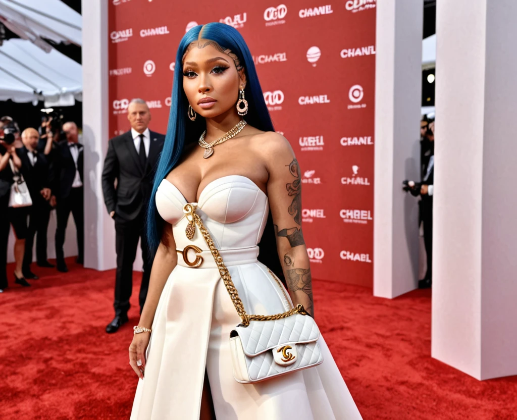 nicki minaj in 2024, she is wearing a beautiful white dress, she is holding a white chanel bag, on red carpet,realistic,real,8k,HD