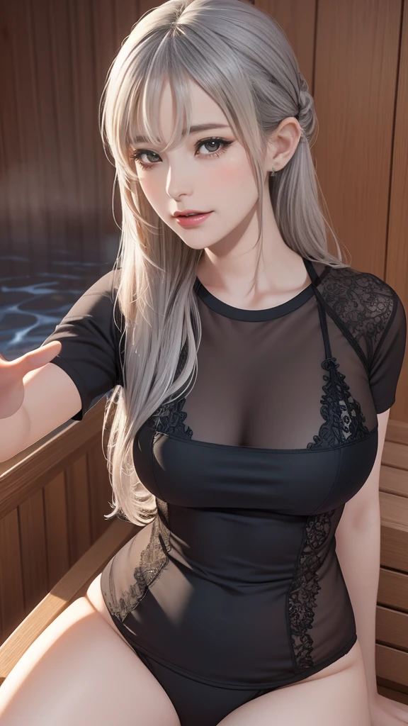 SAUNA,sitting,spread legs,(fellatio gesture),(floating in water),(soaked),(clothed:1.5),baggy t-shirt,(see through),lace swimsuit,(random porn pose),silver hair,(Thin type:1.5),(large breasts),(random hairstyle:1.2),(Highest image quality, (8K), Ultra-realistic, Best Quality, High quality, High Definition, high quality texture, high detailing, Beautiful detailed, fine detailed, extremely details CG, Detailed texture, realistic representation of face, masterpiece, presence)