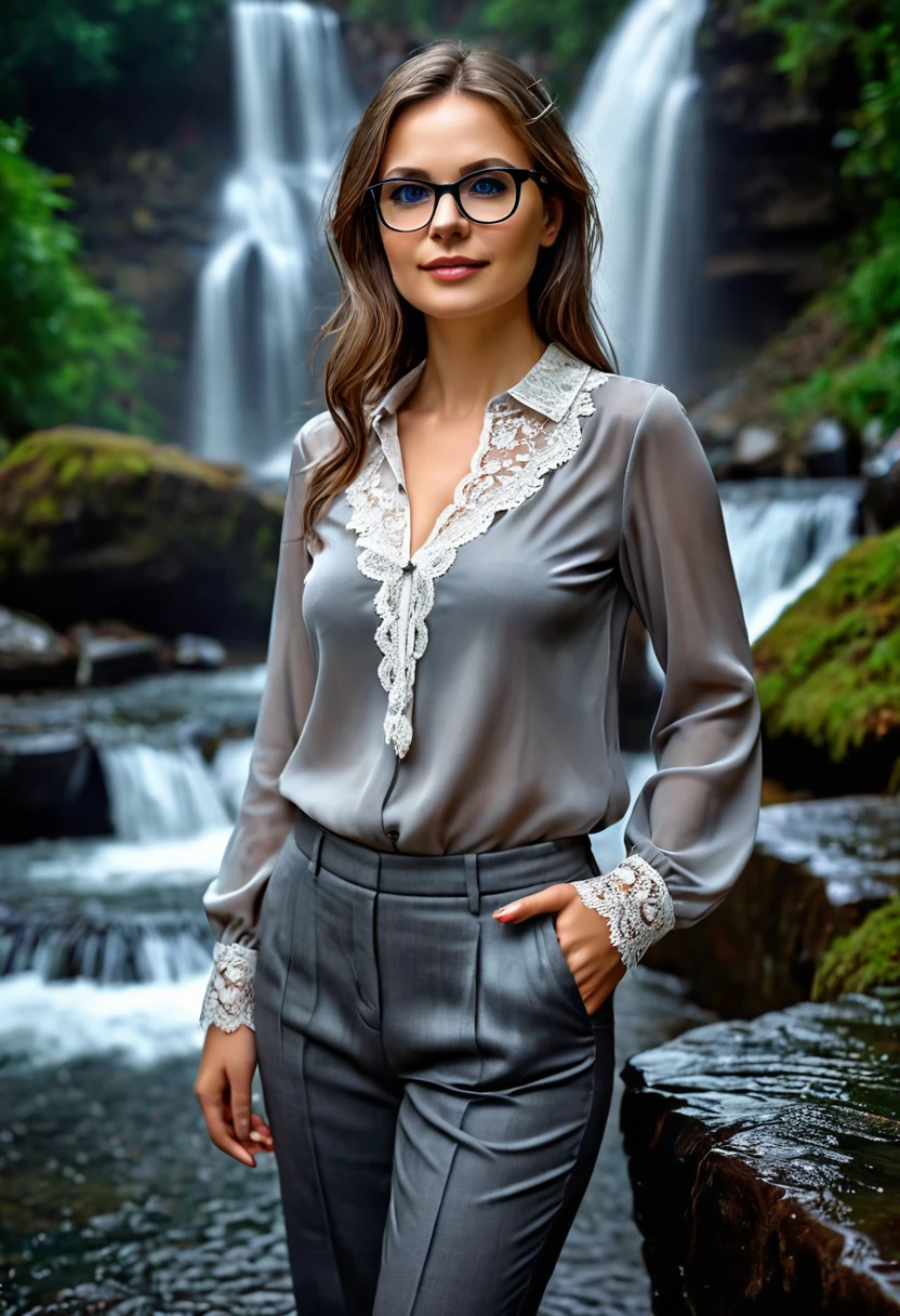 HDR photo (upper body photo, bird's eye view) of a beautiful female teacher, wearing a chic gray blouse with lace trim, beaty small breasts, wide leg pants, kitten heels, stylish glasses, detailed face, located in a romantic scene at a quiet waterfall during the evening in rainy weather, illuminated by low light, creating a dreamlike atmosphere, masterpiece, best quality, photo, realistic, very aesthetic, she starts to subtly open her blouse and show her beautiful sagging breast.
