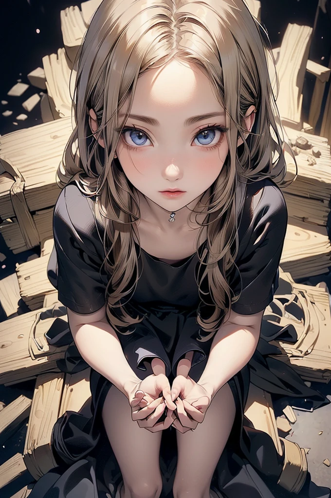 ((Biologically correct limb count))、(( A full-body illustration from toes to face))、4K、Masterpiece、((Eyes with delicate depictions、Detailed depiction of faces、Focus on the face))、((Symmetrical, well-proportioned facial features))、Beautiful school girl、Slender Body、(Black shirt、skirt)、Looking up、Low - Angle、Brown Hair、 background