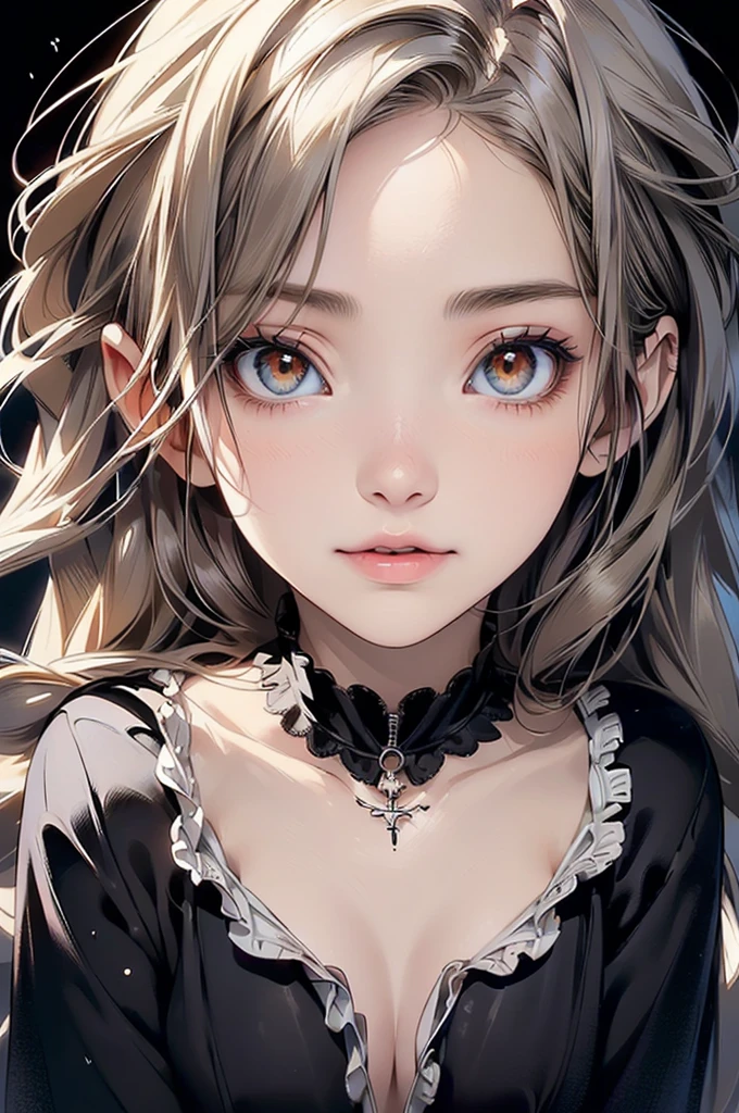 ((Biologically correct limb count))、(( A full-body illustration from toes to face))、4K、Masterpiece、((Eyes with delicate depictions、Detailed depiction of faces、Focus on the face))、((Symmetrical, well-proportioned facial features))、Beautiful school girl、Slender Body、(Black shirt、skirt)、Looking up、Low - Angle、Brown Hair、 background