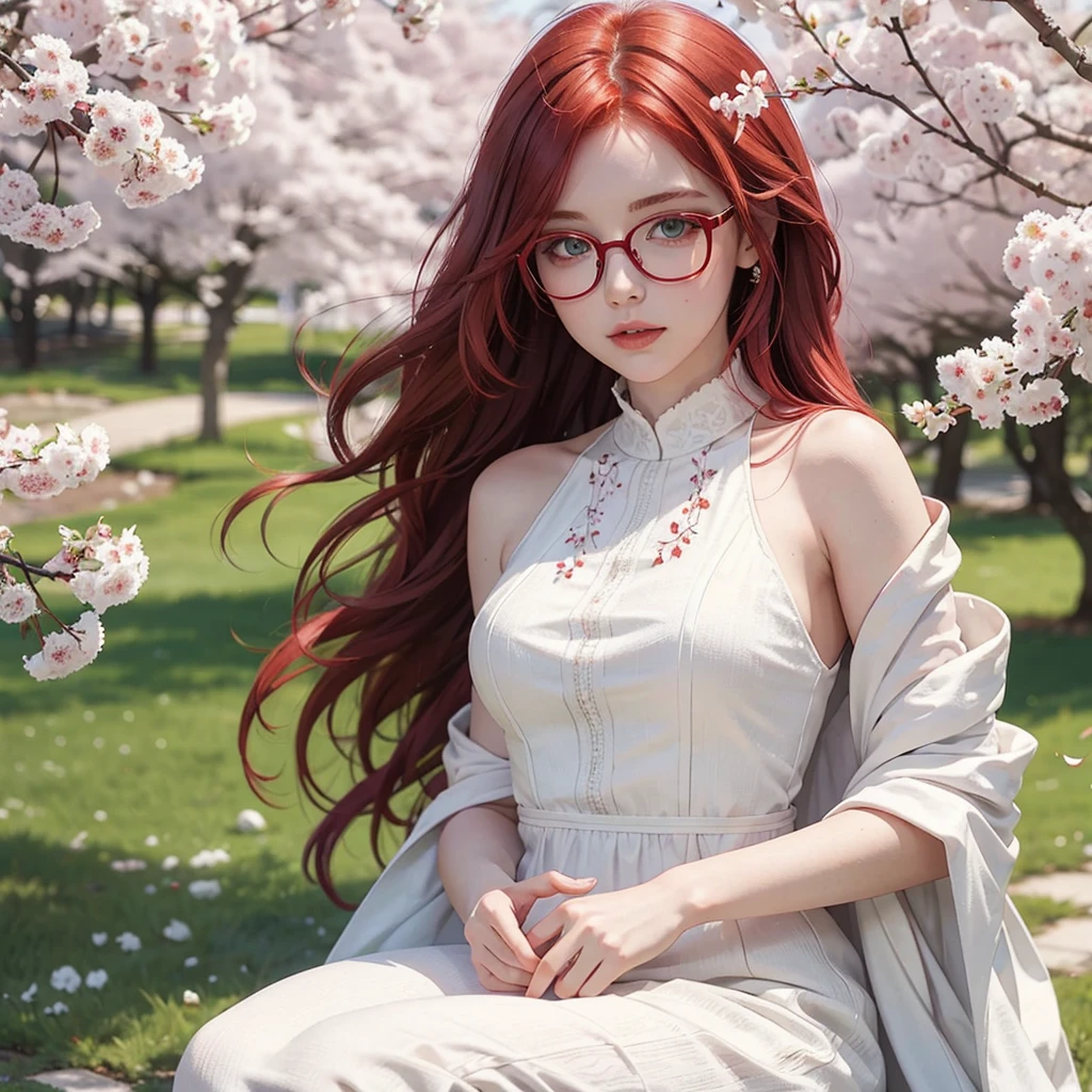 a red-haired girl with glasses, green eyes, white dress, white skin, amidst several cherry trees