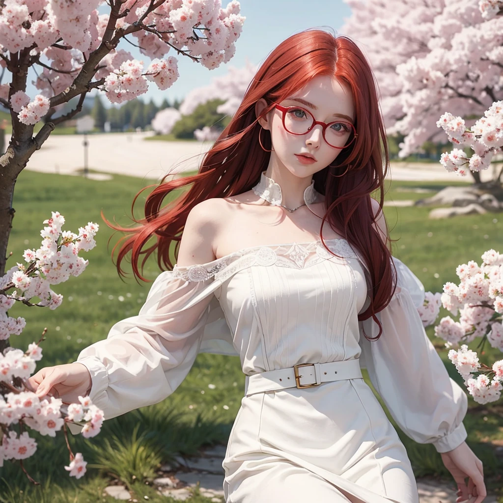 a red-haired girl with glasses, green eyes, white dress, white skin, amidst several cherry trees