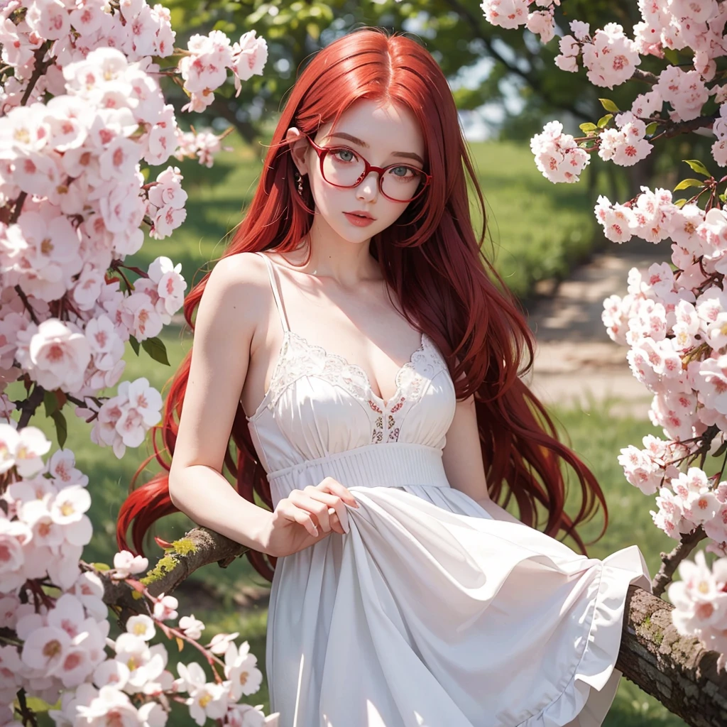a red-haired girl with glasses, green eyes, white dress, white skin, amidst several cherry trees