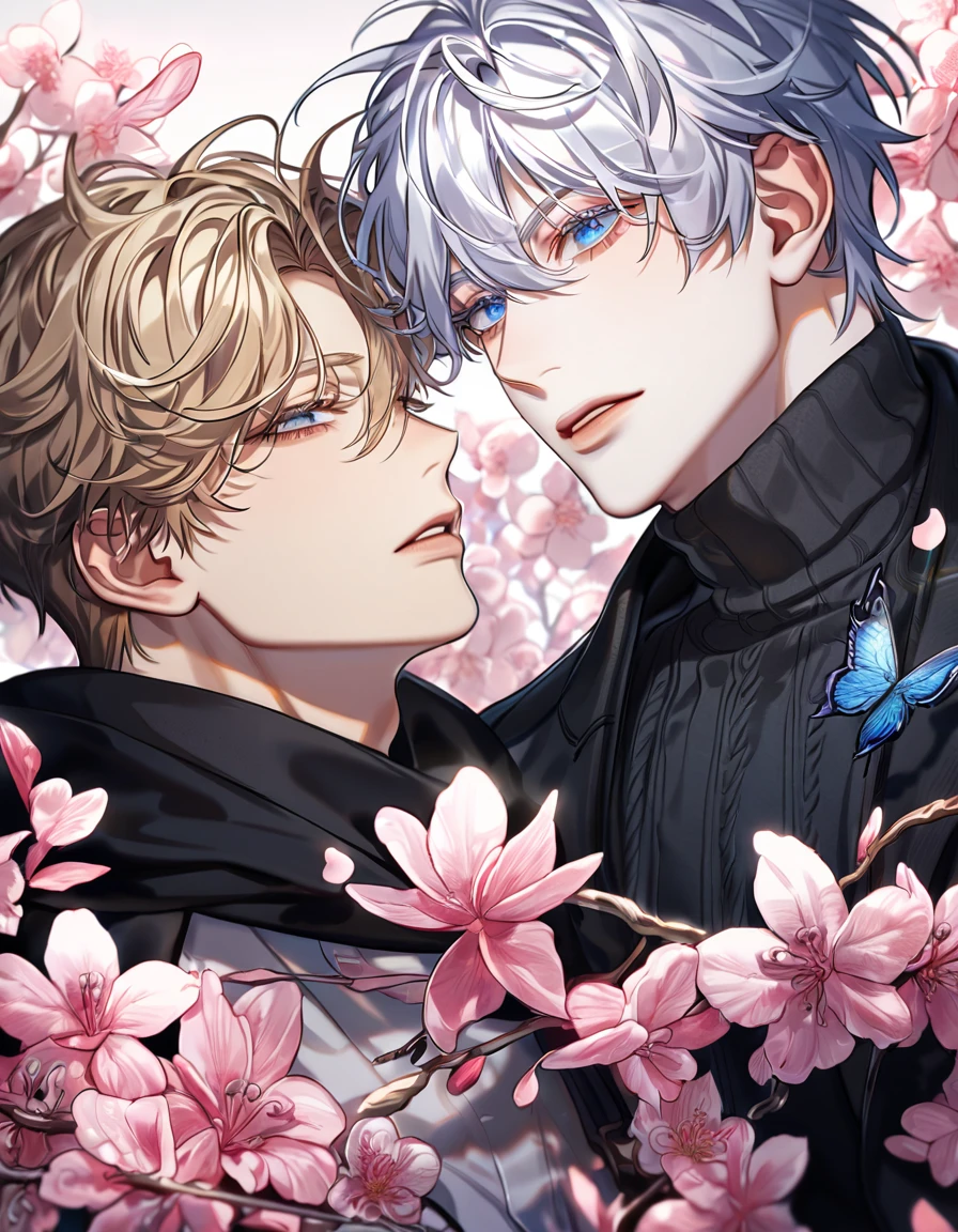 absurdres, highres, ultra detailed, HDR, master piece, best quality, extremely detailed face, delicated features, Kang Woojin, black messy hair, closed eyes, Love Jinx, Gojou Satoru with blonde hair, closes eyes, two sexy men kissing, gay couple, yaoi, handsome, black coat, black sweater, black scarf, fantasy, magical, radiant, blossoms, pink flowers, pink butterflies