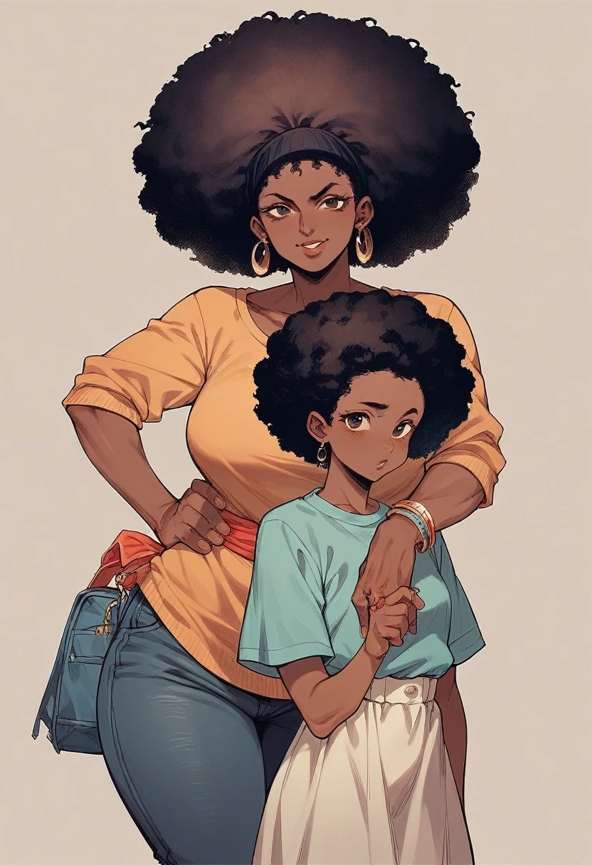 Afro mother next to her young afro daughter